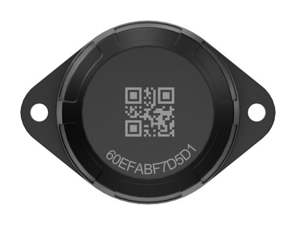 DM Dot Tag vu de dessus avec QR code gravé et trous de fixation
