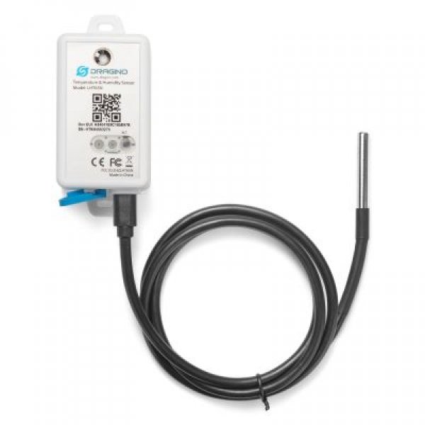 Sonde de température NE117 à câble noir branchée sur un capteur Dragino LHT65N