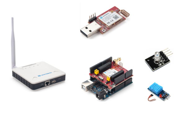 Contenu du kit Dragino LoRaWAN v3 : passerelle LPS8v2, shield Arduino et clé USB